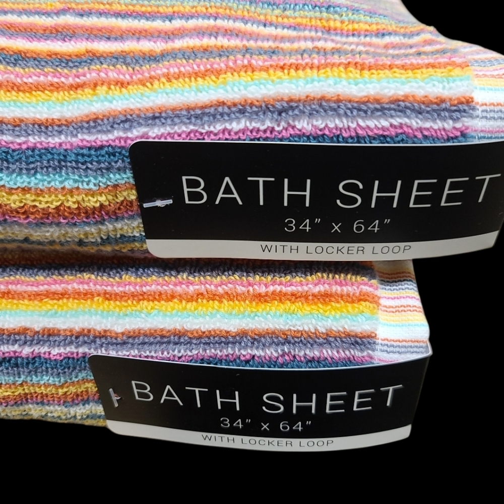2pc Rachel Zoe Cotton Rainbow Striped Multicolored Bath Sheet / Beach Towel Set - Picture 4 of 5